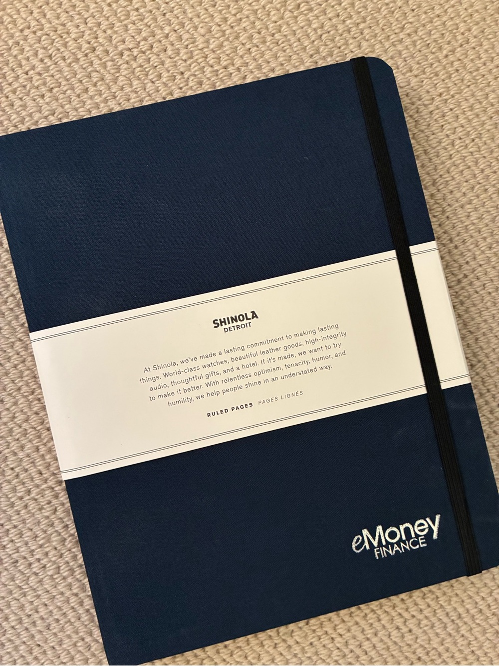 Shinola Navy eMoney Finance Hardcover Lined Journal with Black Elastic